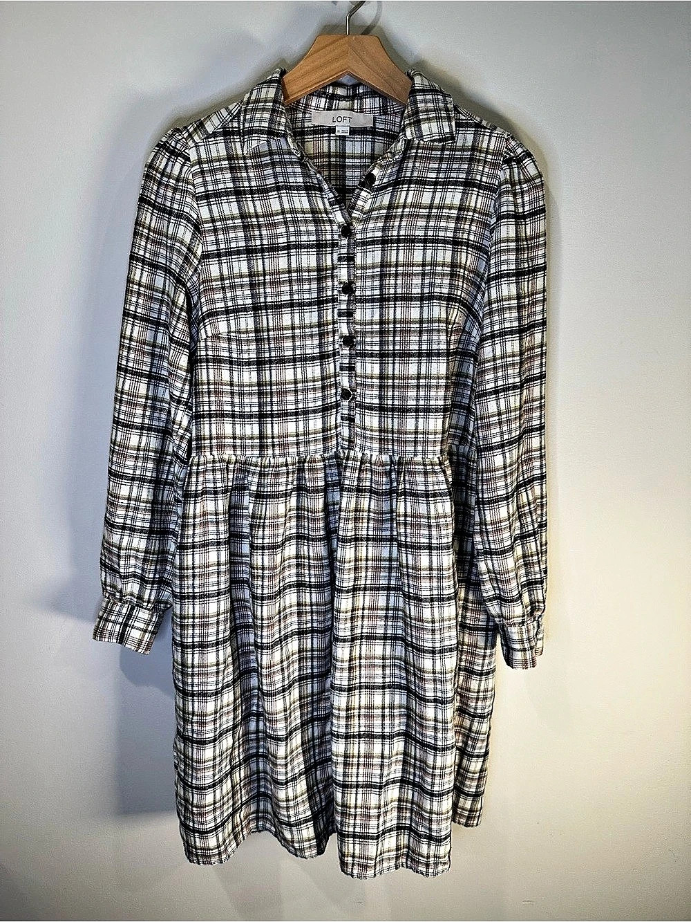 LOFT XS Plaid Flannel Shirt Dress Long Sleeve Fall Mini Dress
